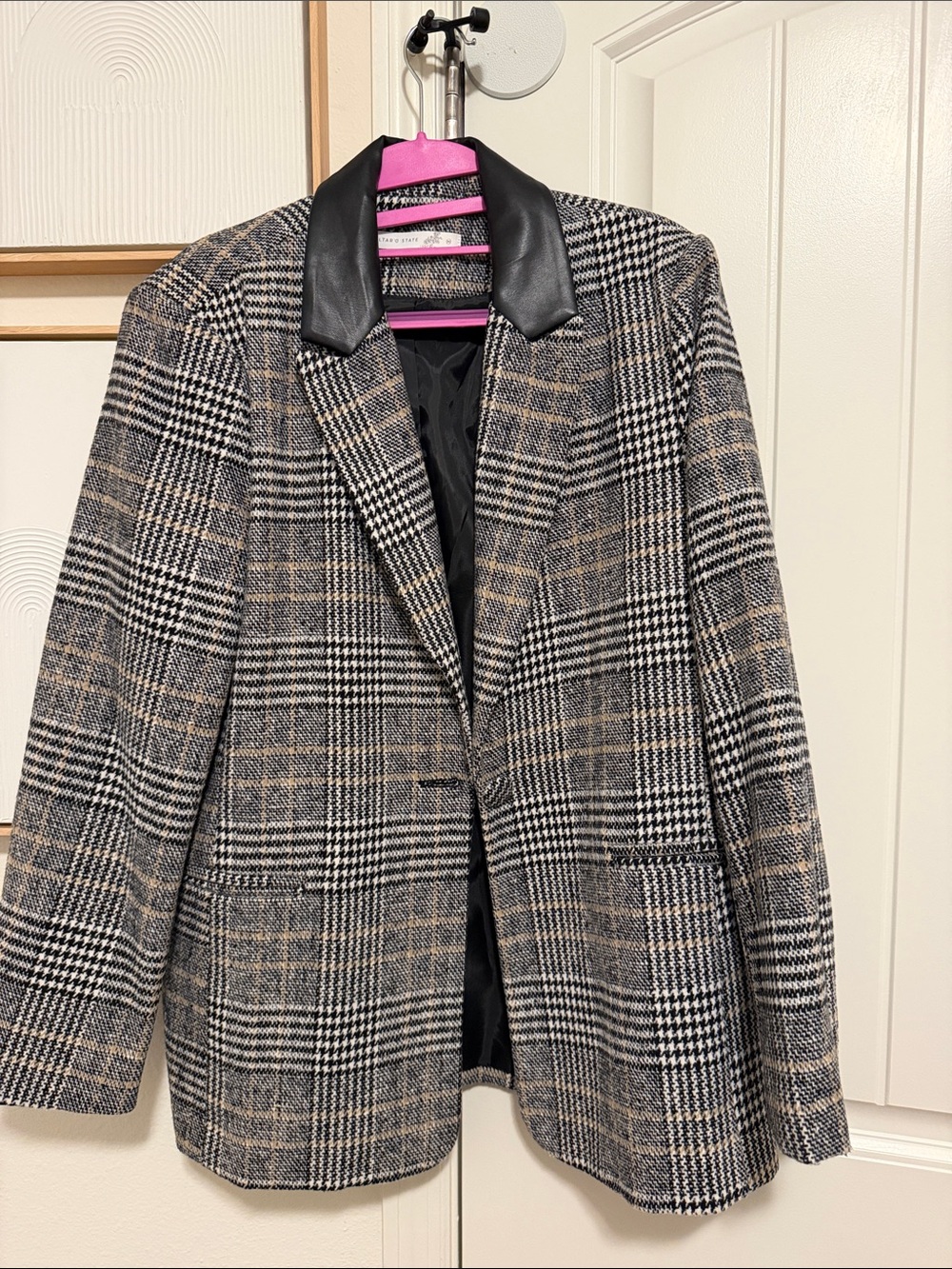 Altar'd State Plaid Blazer with Black Faux-Leather Collar
